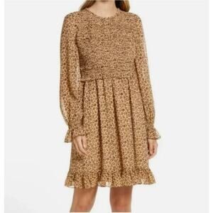 Rachel Parcell Cheetah Smocked Ruffle Long Sleeve Dress M Boho Fall Prairie